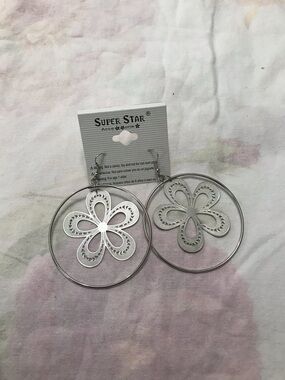 Super Star Accesories Silver Tone Flower Big Hoop Earrings